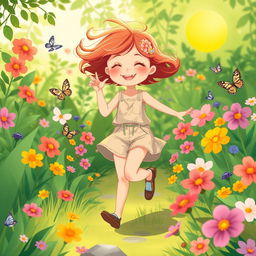 A serene and whimsical illustration of a young girl wearing casual summer attire, playing joyfully in a lush, green garden filled with vibrant flowers and butterflies under the warm sun