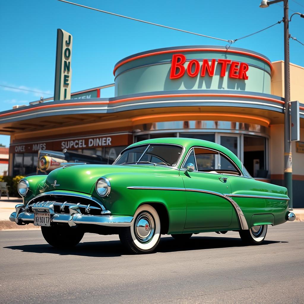 A 1951 green Hudson Hornet car parked in front of a classic 1950s diner