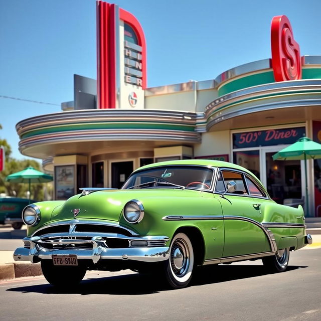 A 1951 green Hudson Hornet car parked in front of a classic 1950s diner