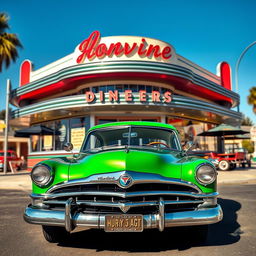 A 1951 green Hudson Hornet car parked in front of a classic 1950s diner