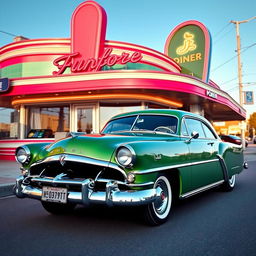 A 1951 green Hudson Hornet car parked in front of a classic 1950s diner