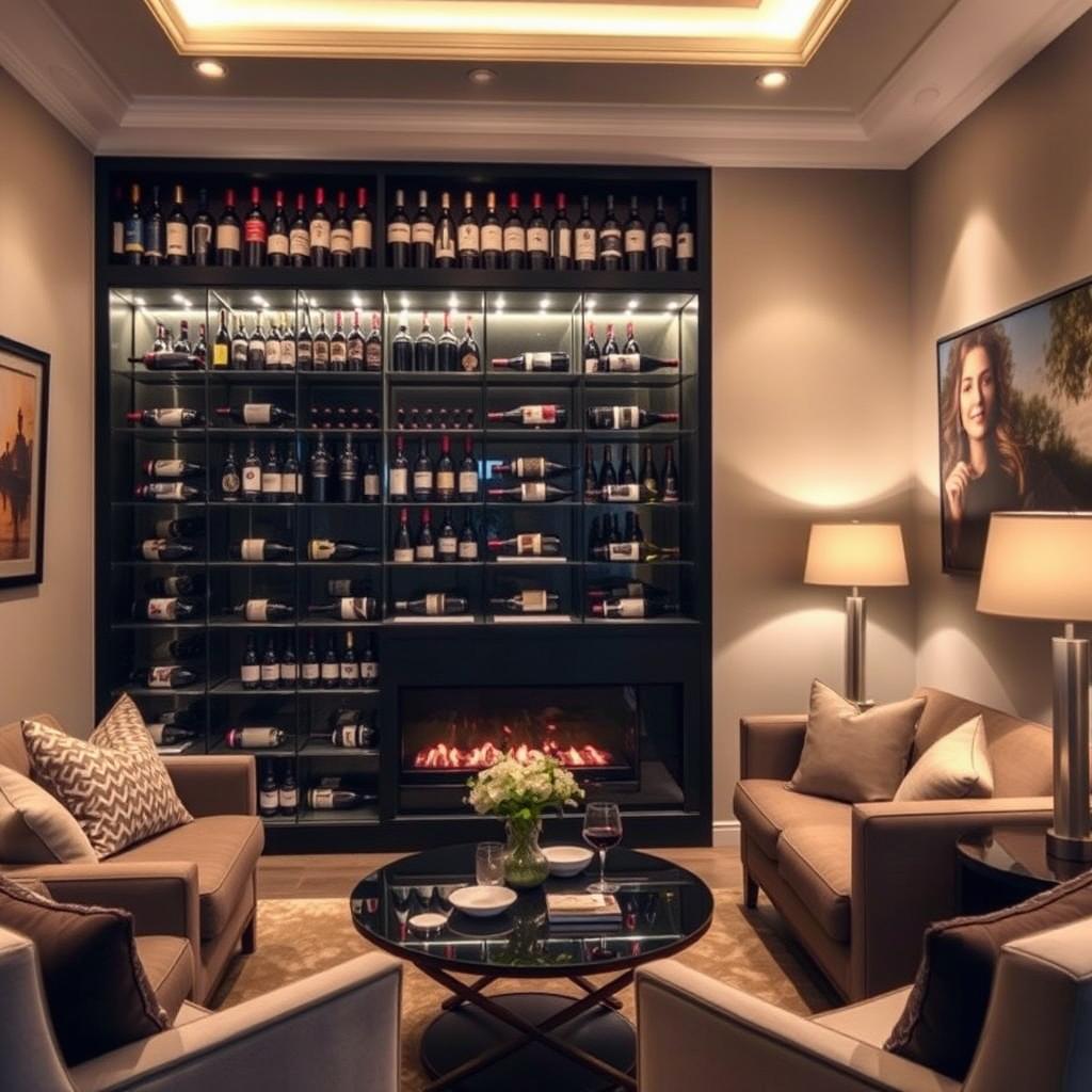 A cozy and elegant living room with a luxurious wine rack, showcasing various bottles of distinguished wines