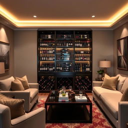 A cozy and elegant living room with a luxurious wine rack, showcasing various bottles of distinguished wines