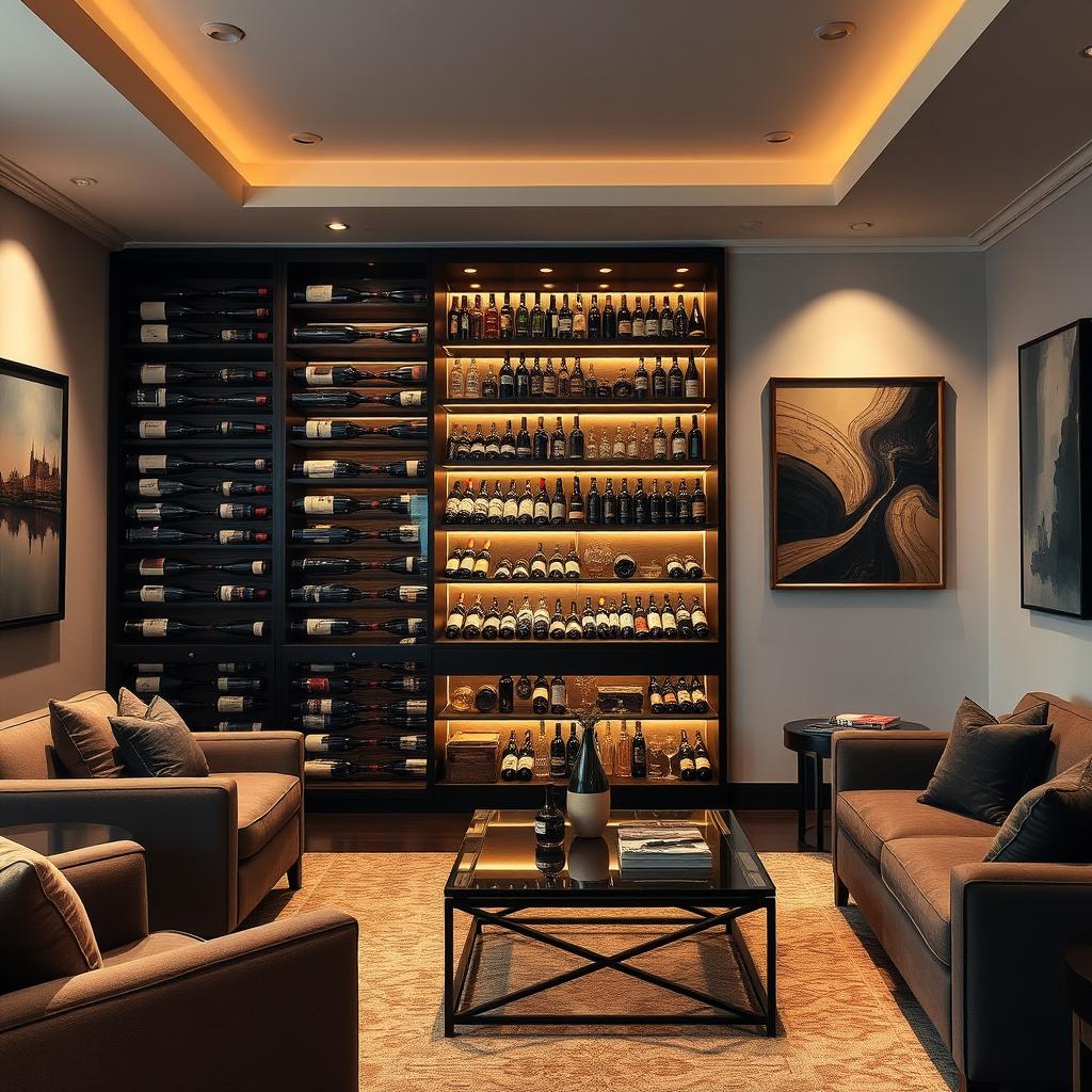 A cozy and elegant living room with a luxurious wine rack, showcasing various bottles of distinguished wines