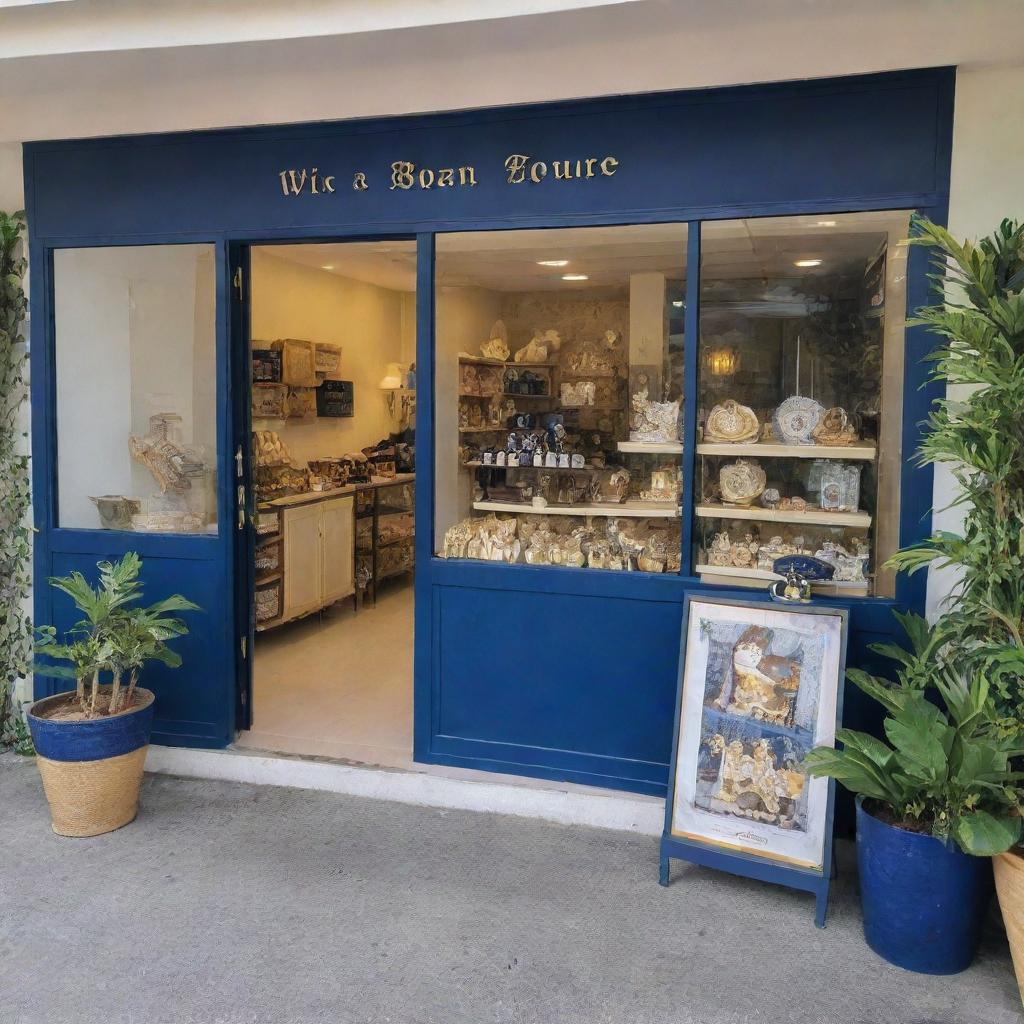 A quaint mini shop nestled within a resort, featuring an array of unique souvenirs. The shop carries a navy blue and gold color scheme, exuding a touch of luxury and elegance.