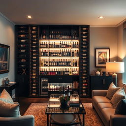 A cozy and elegant living room with a luxurious wine rack, showcasing various bottles of distinguished wines