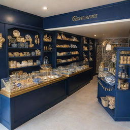 A quaint mini shop nestled within a resort, featuring an array of unique souvenirs. The shop carries a navy blue and gold color scheme, exuding a touch of luxury and elegance.