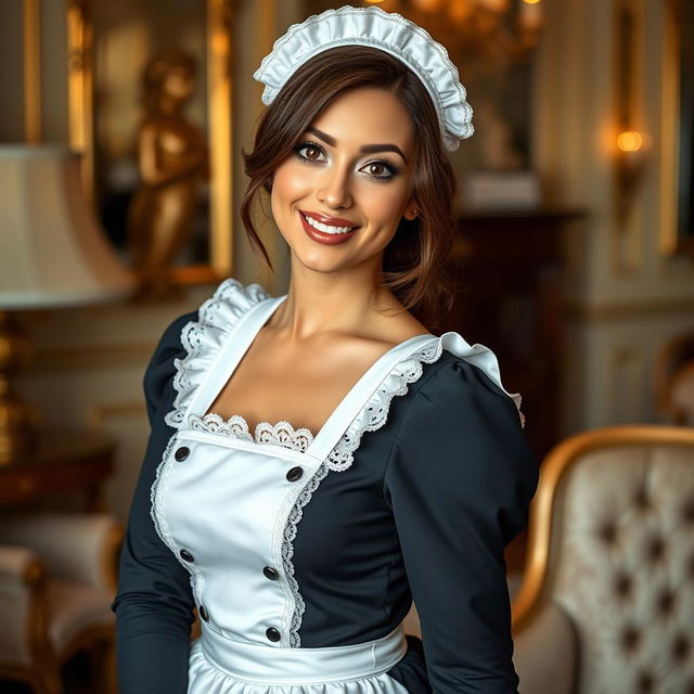 A beautiful and alluring French maid with a classic outfit, including a chic black and white dress with lace trim, apron, and matching headpiece