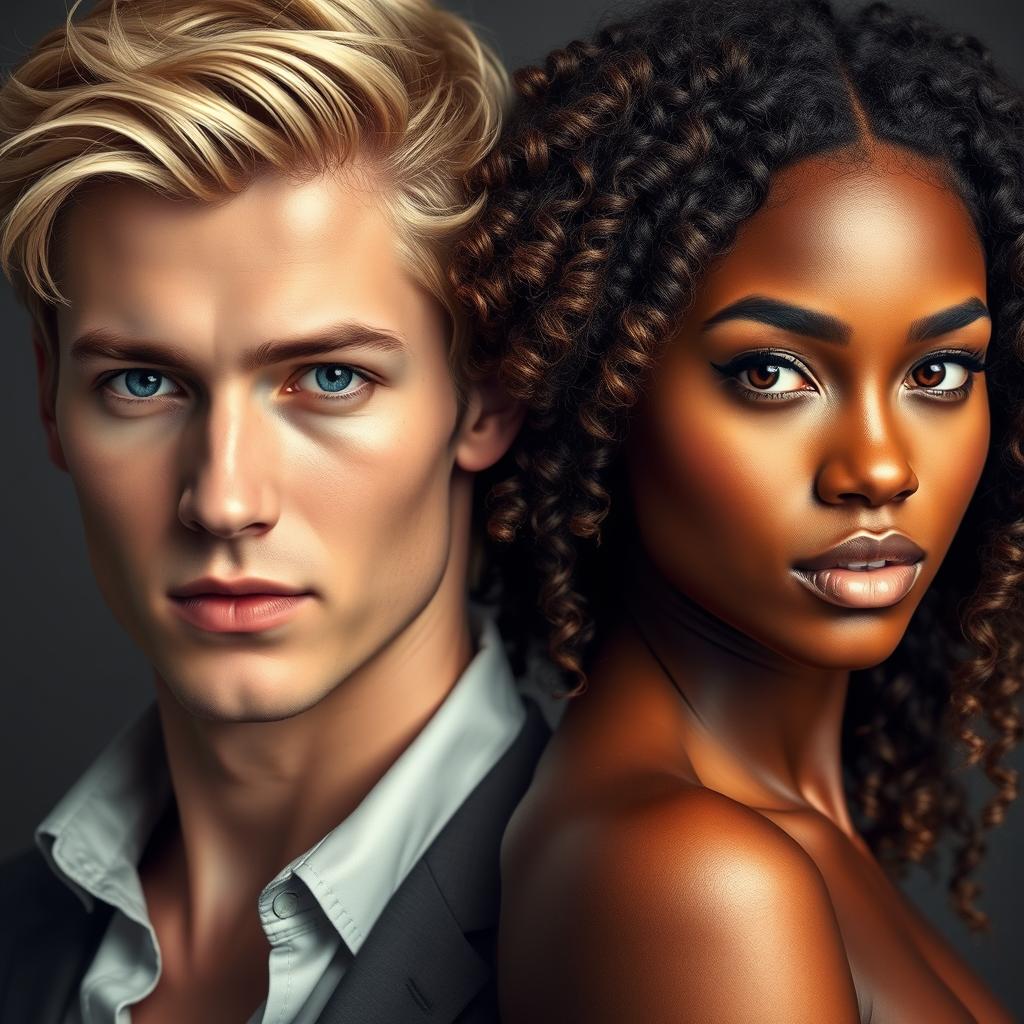 A stunning cover featuring two protagonists: a handsome white man with blonde hair and striking blue eyes, exuding charm and confidence; alongside him, a beautiful black woman with lighter brown skin, lush curly hair cascading down to mid-back, and captivating brown eyes