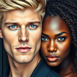 A stunning cover featuring two protagonists: a handsome white man with blonde hair and striking blue eyes, exuding charm and confidence; alongside him, a beautiful black woman with lighter brown skin, lush curly hair cascading down to mid-back, and captivating brown eyes