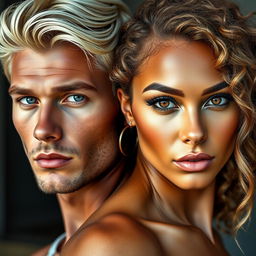 A stunning cover featuring two protagonists: a handsome white man with blonde hair and striking blue eyes, exuding charm and confidence; alongside him, a beautiful black woman with lighter brown skin, lush curly hair cascading down to mid-back, and captivating brown eyes