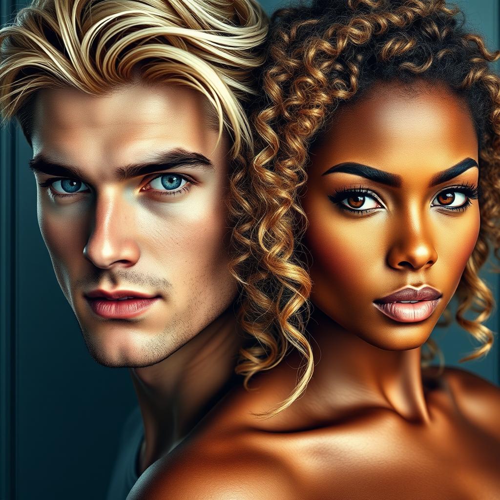 A stunning cover featuring two protagonists: a handsome white man with blonde hair and striking blue eyes, exuding charm and confidence; alongside him, a beautiful black woman with lighter brown skin, lush curly hair cascading down to mid-back, and captivating brown eyes