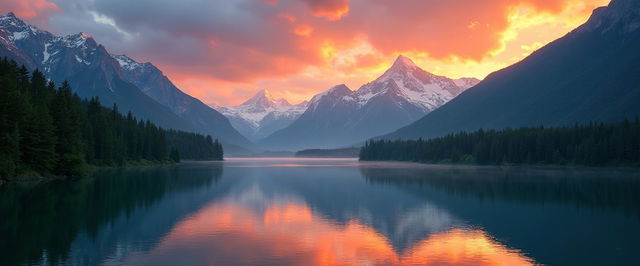 Scenic banner depicting a breathtaking landscape, featuring majestic mountains in the background, a serene lake reflecting the colorful sky at sunset, lush green forests surrounding the water