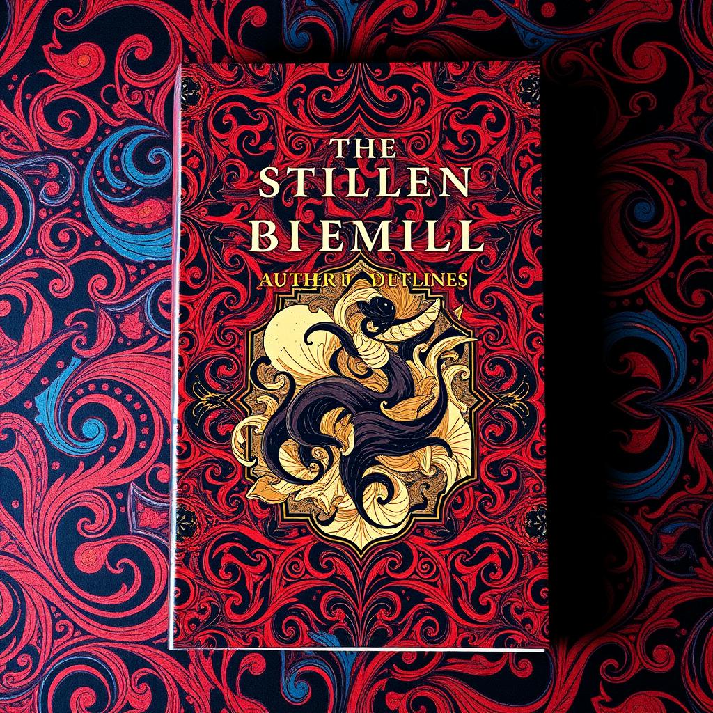 A vibrant and dynamic book cover design with intricate patterns and a rich color palette