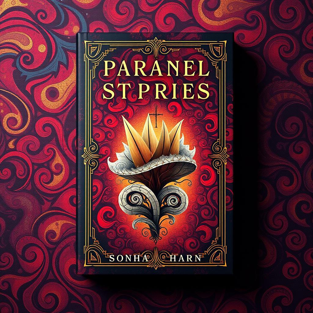 A vibrant and dynamic book cover design with intricate patterns and a rich color palette