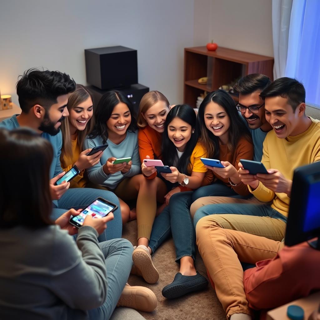 A group of friends sitting in a circle, each holding a smartphone, intensely focused and excited to play a mobile game together