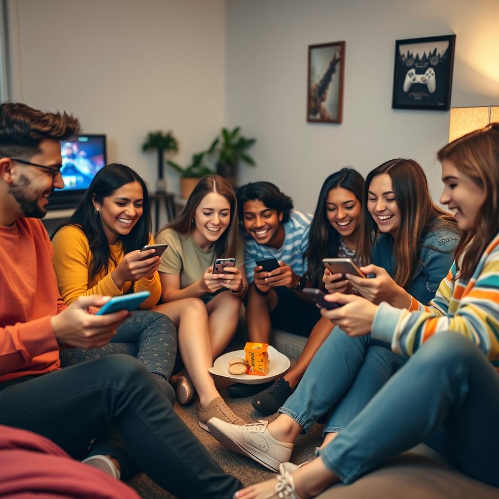 A group of friends sitting in a circle, each holding a smartphone, intensely focused and excited to play a mobile game together