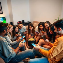 A group of friends sitting in a circle, each holding a smartphone, intensely focused and excited to play a mobile game together