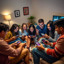 A group of friends sitting in a circle, each holding a smartphone, intensely focused and excited to play a mobile game together