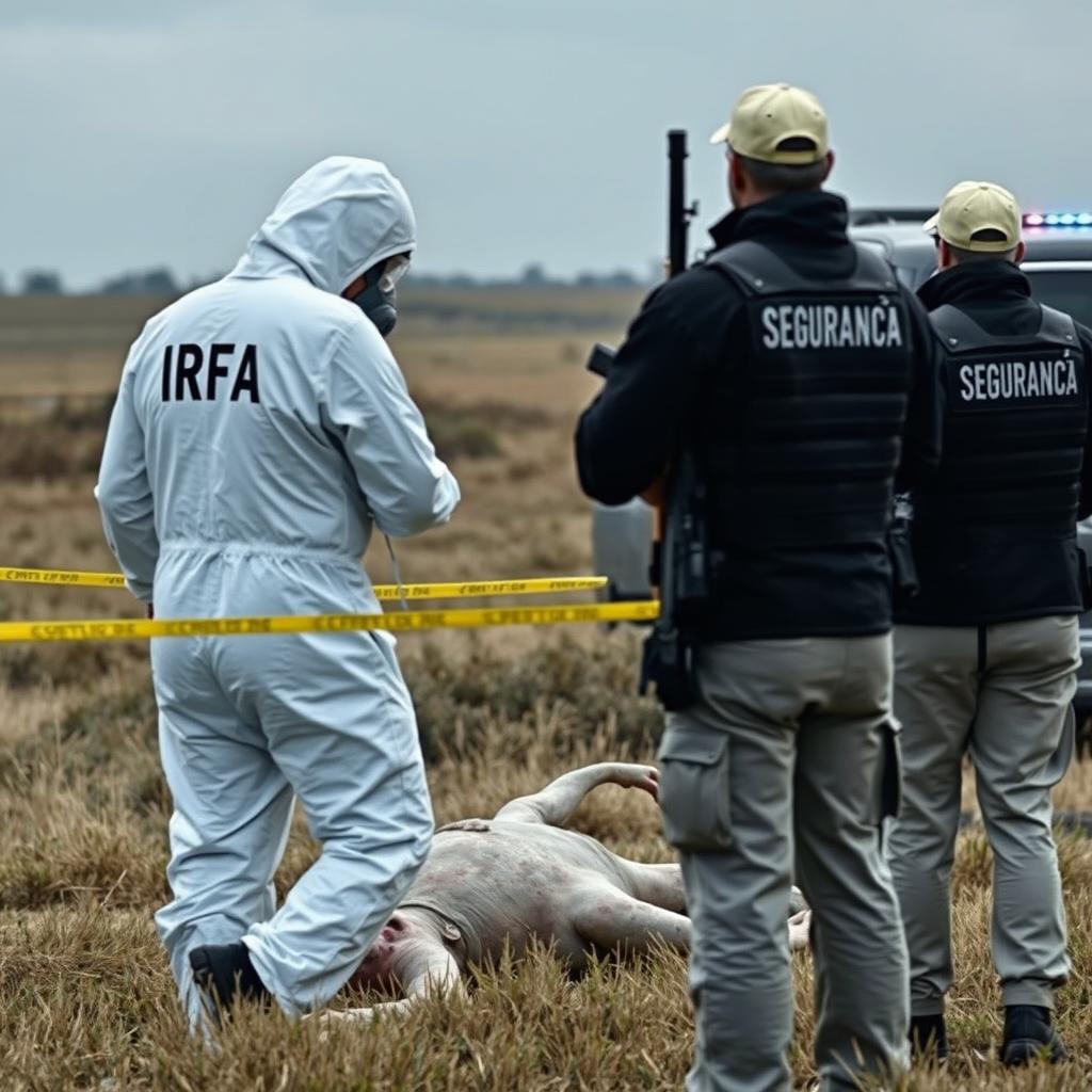 A person wearing a white hazmat suit with "IRFA" written on the back, equipped with a breathing mask, is analyzing a fallen extraterrestrial in a field