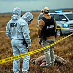 A person wearing a white hazmat suit with "IRFA" written on the back, equipped with a breathing mask, is analyzing a fallen extraterrestrial in a field