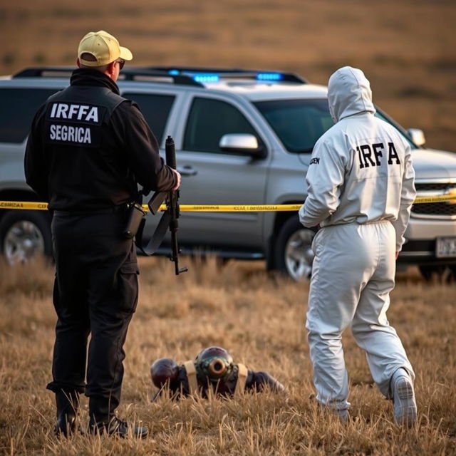 A person wearing a white hazmat suit with "IRFA" written on the back, equipped with a breathing mask, is analyzing a fallen extraterrestrial in a field