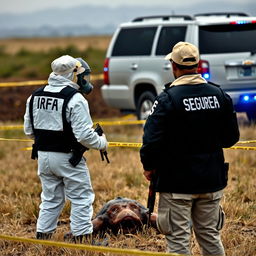 A person wearing a white hazmat suit with "IRFA" written on the back, equipped with a breathing mask, is analyzing a fallen extraterrestrial in a field