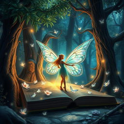 A captivating book cover featuring a fairy with beautifully intricate butterfly wings, nestled within a magical forest