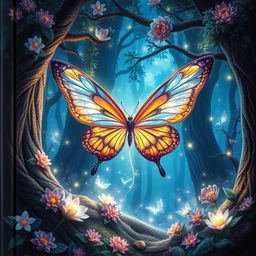 A captivating book cover featuring a fairy with beautifully intricate butterfly wings, nestled within a magical forest