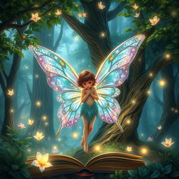 A captivating book cover featuring a fairy with beautifully intricate butterfly wings, nestled within a magical forest