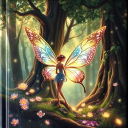 A captivating book cover featuring a fairy with beautifully intricate butterfly wings, nestled within a magical forest