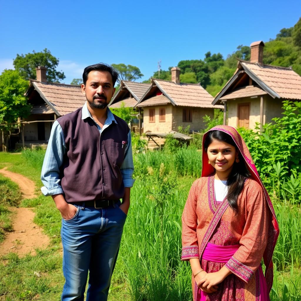 A picturesque scene of a man and a village girl in a rural setting