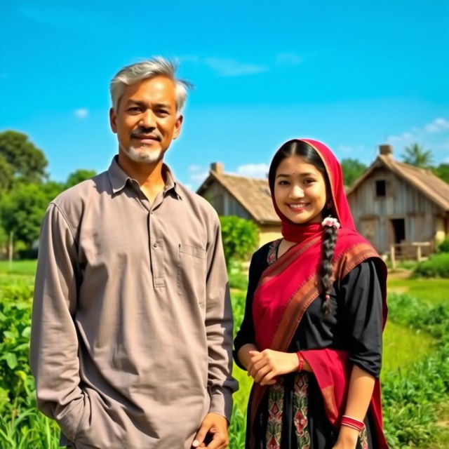 A picturesque scene of a man and a village girl in a rural setting