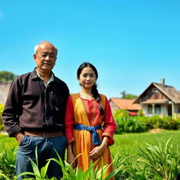 A picturesque scene of a man and a village girl in a rural setting