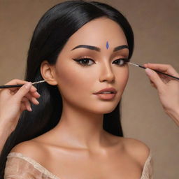 Animated portrayal of Pocahontas as a dedicated lash artist carefully applying eyelash extensions.