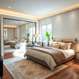 A beautifully remodeled bedroom featuring a modern closet with sliding doors