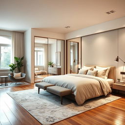 A beautifully remodeled bedroom featuring a modern closet with sliding doors