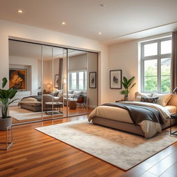 A beautifully remodeled bedroom featuring a modern closet with sliding doors