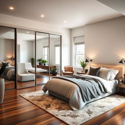 A beautifully remodeled bedroom featuring a modern closet with sliding doors