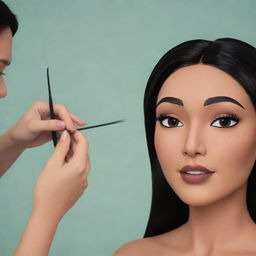 Animated portrayal of Pocahontas as a dedicated lash artist carefully applying eyelash extensions.