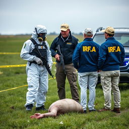 Two individuals wearing white hazmat suits with "IRFA" on the back, equipped with breathing masks, are analyzing a fallen extraterrestrial in a field