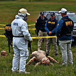 Two individuals wearing white hazmat suits with "IRFA" on the back, equipped with breathing masks, are analyzing a fallen extraterrestrial in a field