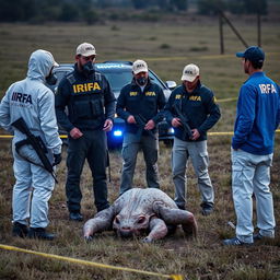 Two individuals wearing white hazmat suits with "IRFA" on the back, equipped with breathing masks, are analyzing a fallen extraterrestrial in a field