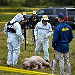 Two individuals wearing white hazmat suits with "IRFA" on the back, equipped with breathing masks, are analyzing a fallen extraterrestrial in a field