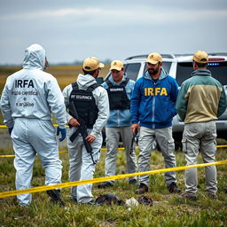 Two people wearing white hazmat suits, with "IRFA" and "equipa científica e análise" written on the back, are equipped with breathing masks and are analyzing UFO debris in a field