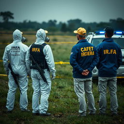 Two people wearing white hazmat suits, with "IRFA" and "equipa científica e análise" written on the back, are equipped with breathing masks and are analyzing UFO debris in a field