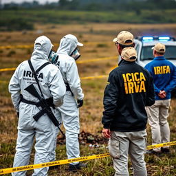 Two people wearing white hazmat suits, with "IRFA" and "equipa científica e análise" written on the back, are equipped with breathing masks and are analyzing UFO debris in a field