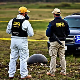 Two people wearing white hazmat suits, with "IRFA" and "equipa científica e análise" written on the back, are equipped with breathing masks and are analyzing UFO debris in a field