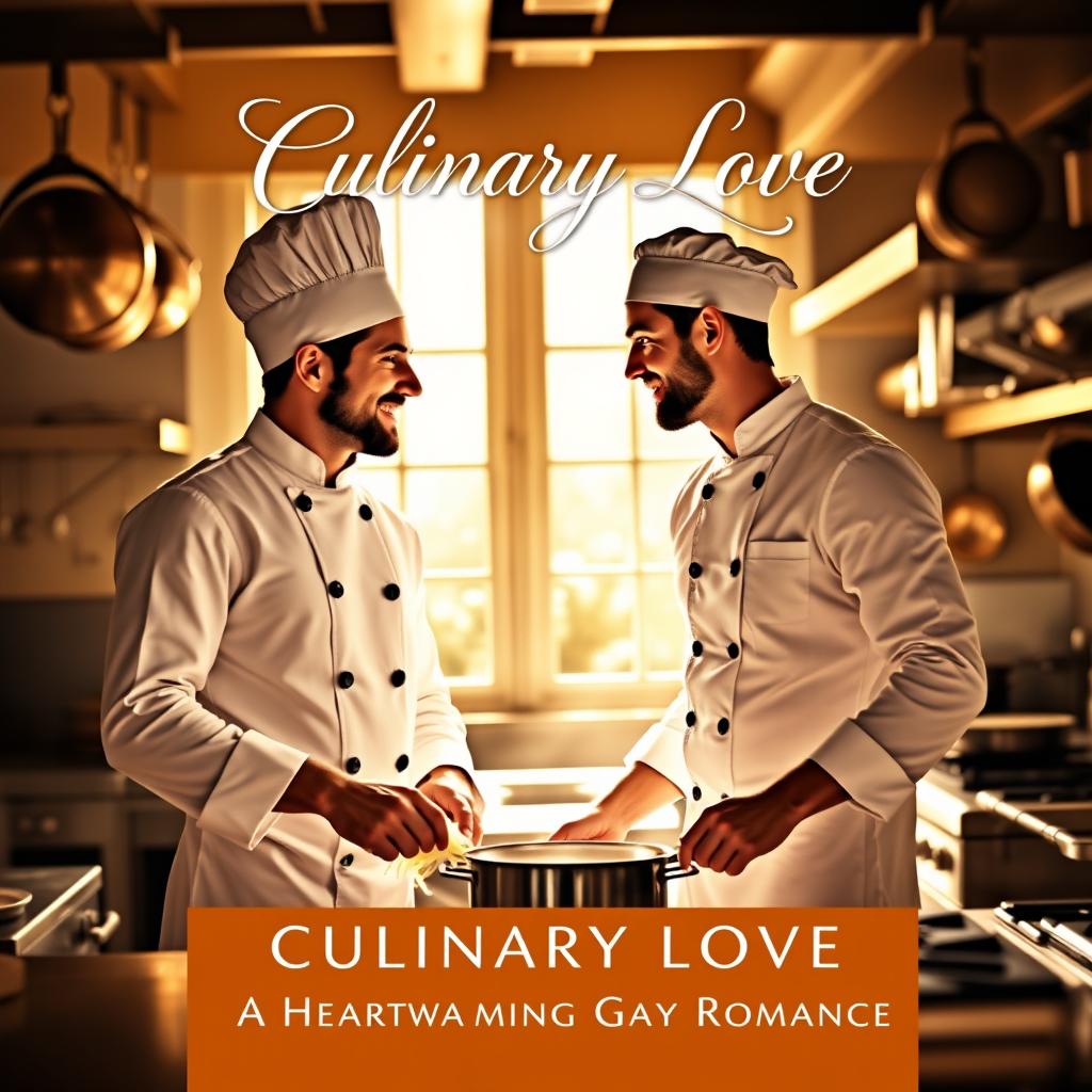 A book cover design featuring two male chefs in a warm, inviting kitchen as they exchange loving glances