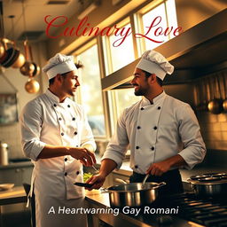 A book cover design featuring two male chefs in a warm, inviting kitchen as they exchange loving glances